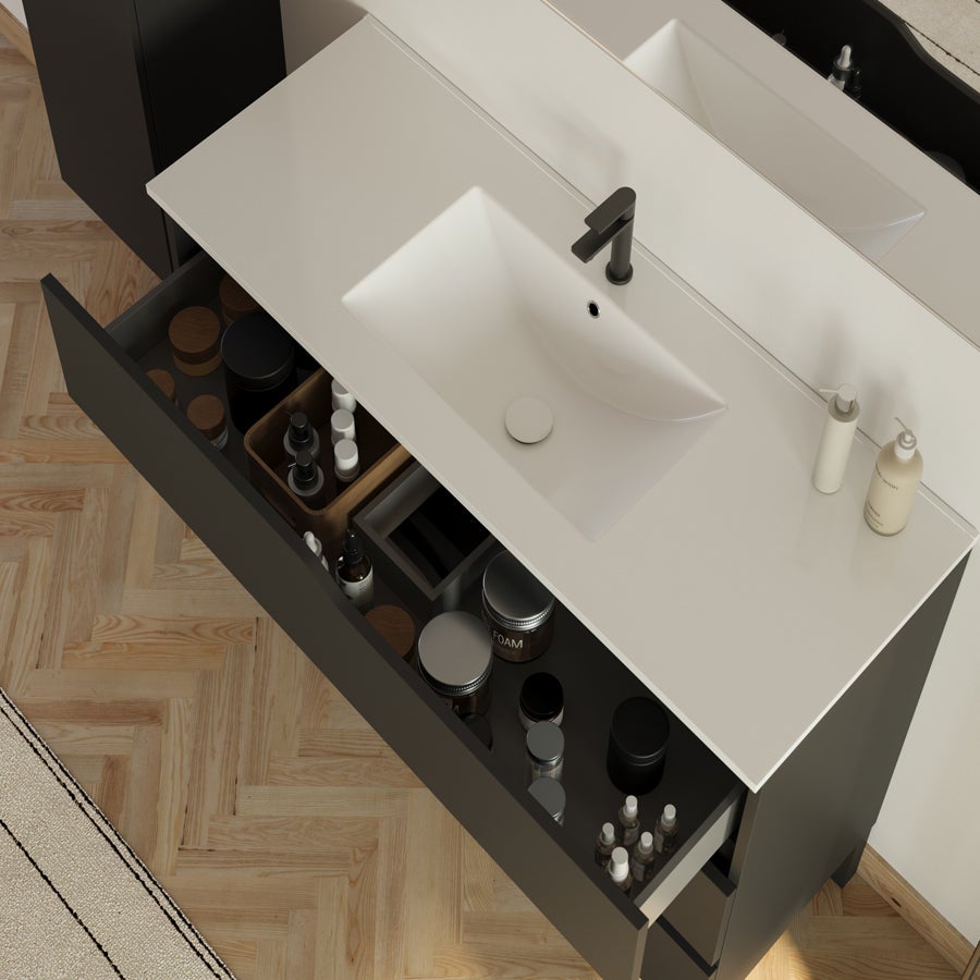 Meuble de salle de bain 100cm simple vasque - 3 tiroirs - sans miroir - noir - MATA - 2