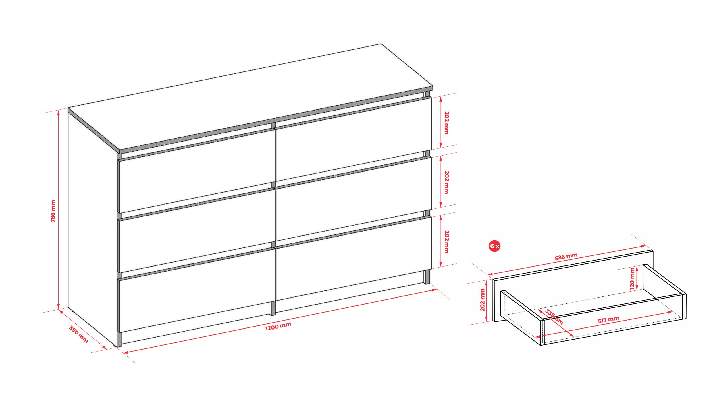 Cassettiera 6 cassetti : Bianco Opaco / Rovere Sonoma TOP, 120 x 78 x 39 cm - 4