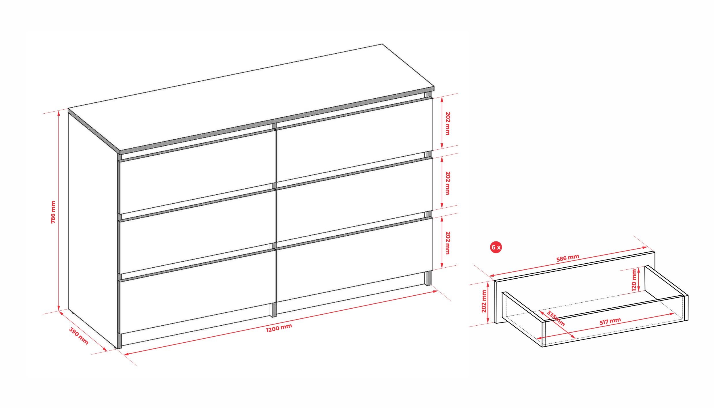 Commode 6 Tiroirs : Blanc Mat / Chêne Sonoma TOP, 120 x 39 x 79 cm - 4
