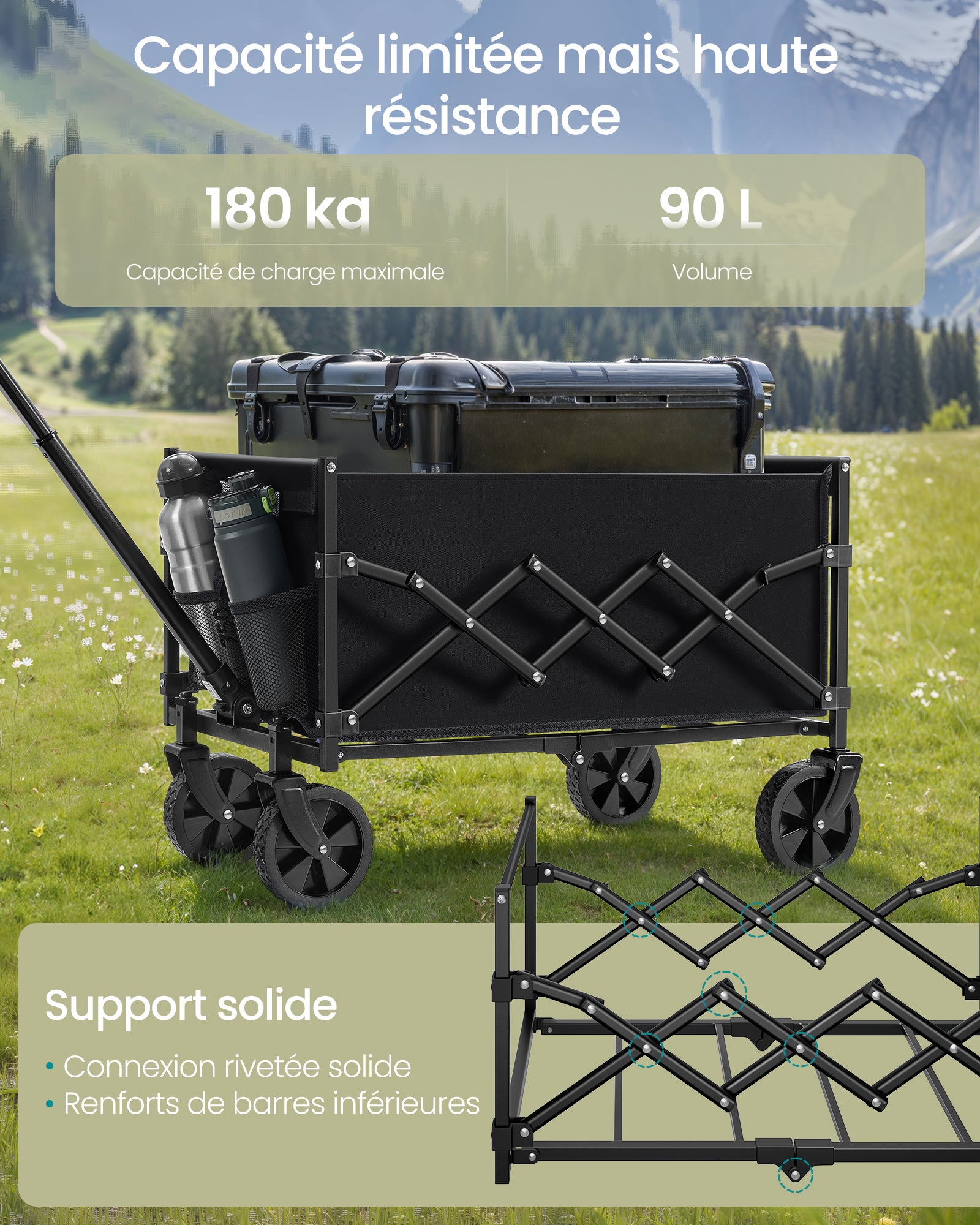 Chariot de Transport Pliable, avec Poignée, 4 Roues Renforcées dont 2 Roues Universelles, Charge 180 kg, Extérieur, Jardin, Noir d'Encre - 3