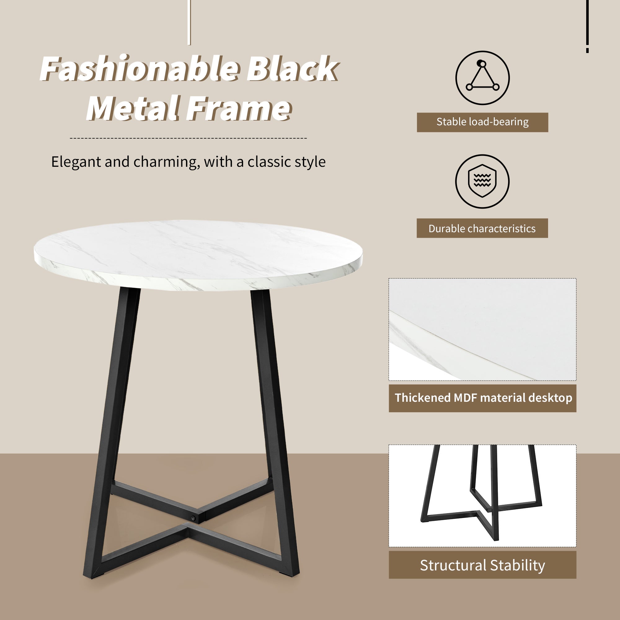 Okrągły stół jadalny - D 80 x W 75 cm - Nogi z płyty MDF i metalu - Blat z efektem marmuru - Biały - 6