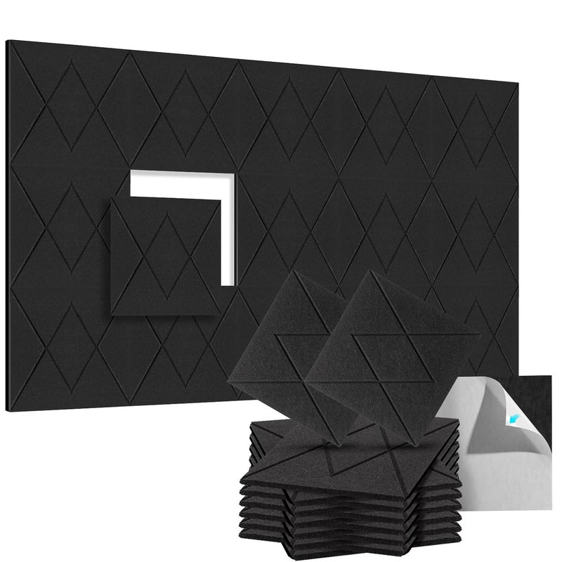 Zestaw 12 samoprzylepnych paneli akustycznych, wyściółka dźwiękochłonna z poliestru, panele ścienne o wysokiej gęstości, 30 x 30 x 1 cm, czarne
