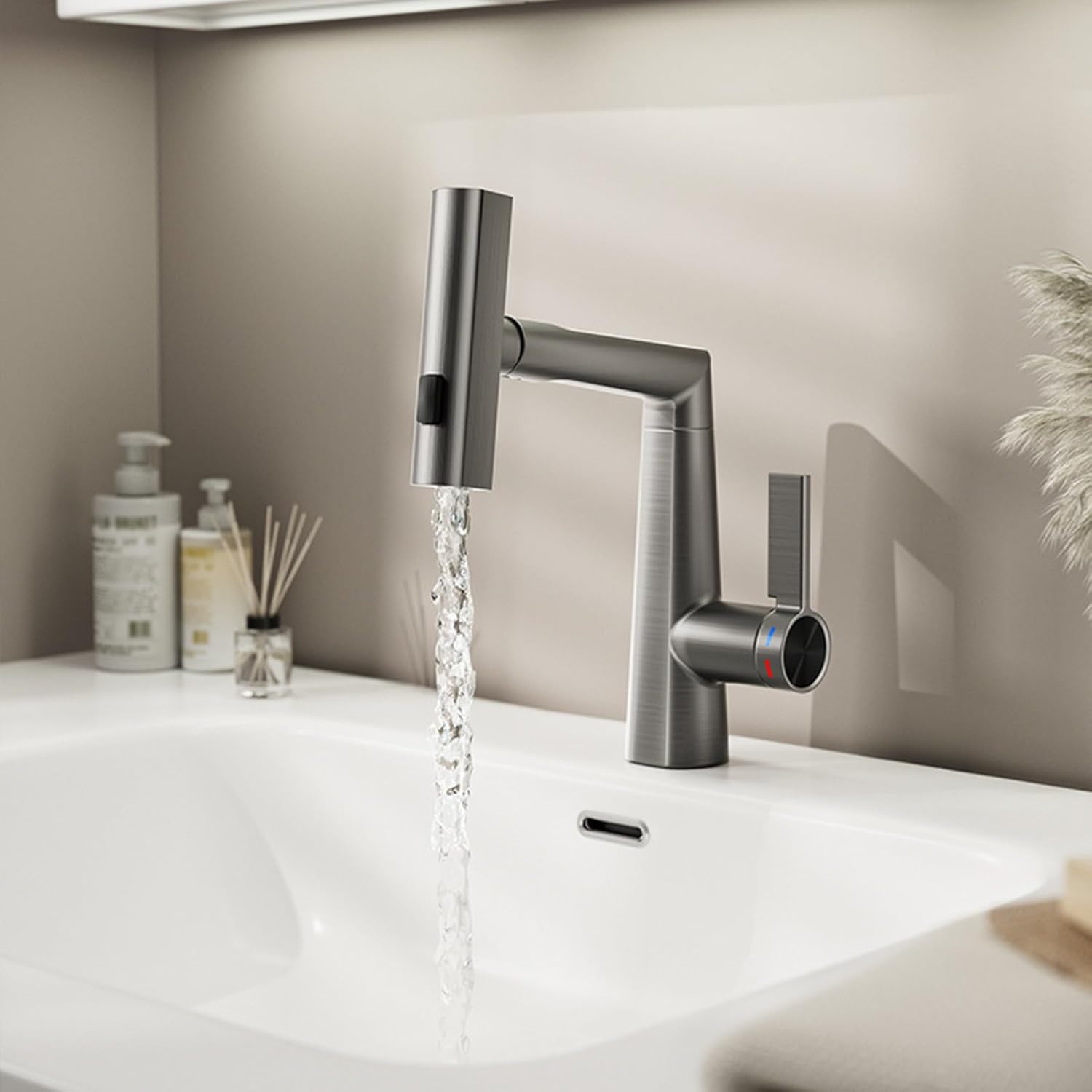 (Gris) Mitigeur cascade avec douchette extractible pour lavabo de salle de bain, robinet de lavabo à poignée unique, 3 modes - 2
