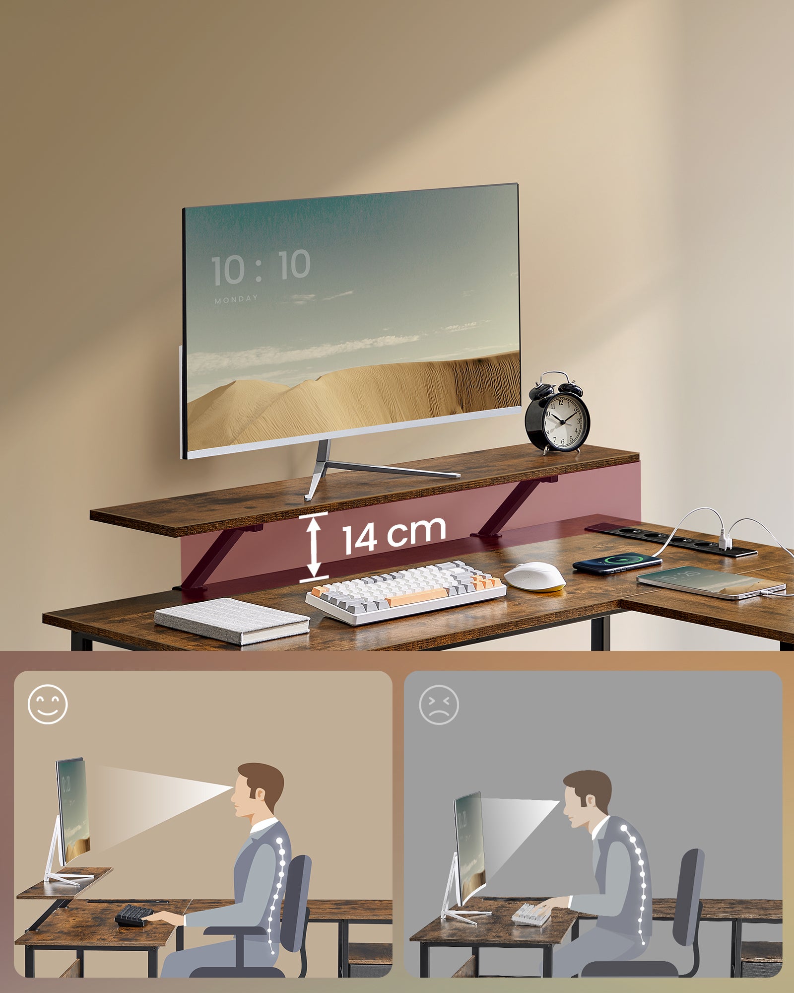 Bureau en L avec Multiprise, Bureau d'Angle, Bureau Informatique avec Rehausseur d’Écran, Bureau Gaming LED, 2 Tiroirs, 2 Ports USB, Marron Rustique - 6