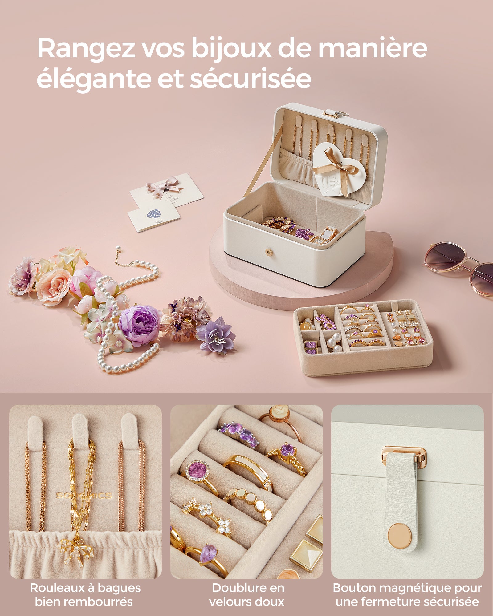 Boîte à Bijoux de Voyage, Petit Écrin à accessoires, Rangement Bijoux à 2 Niveaux, Trousse de Voyage, pour Accessoires, 11 x 16 x 8 cm, Blanc Nuage - 6