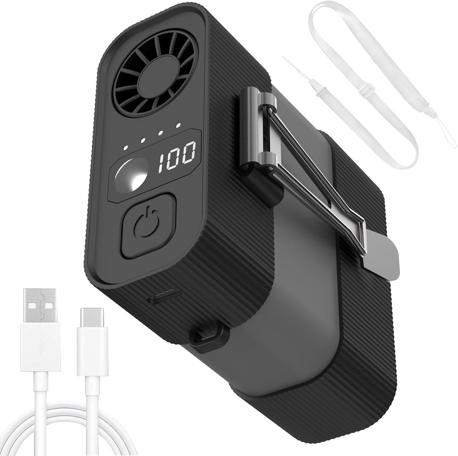 4-biegowy wentylator ładowany przez USB, przenośny wentylator kieszonkowy z lampką, przenośny wentylator chłodzący do paska, klips do pasa (czarny)