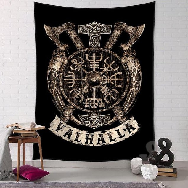 Viking Tapestry Axes Hammer Valhalla Wall Hanging Nordic Mythology Estetyczny gobelin ścienny Mała dekoracja pokoju z tkaniny 150X130cm