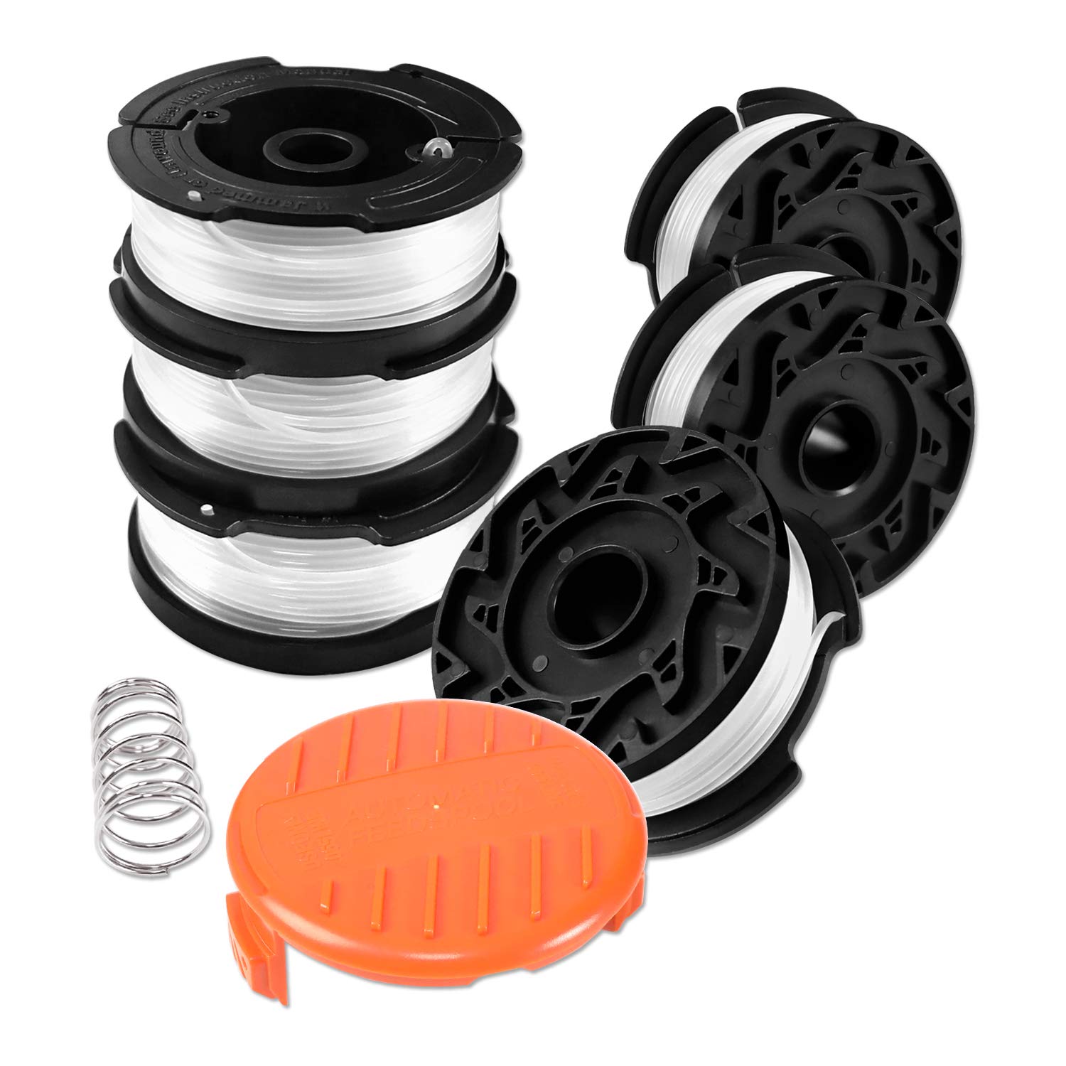 Szpula z żyłką do podkaszarki Black &amp; Decker, 6 szpul z żyłką do wykaszarki z 1 pokrywką szpuli i 1 sprężyną