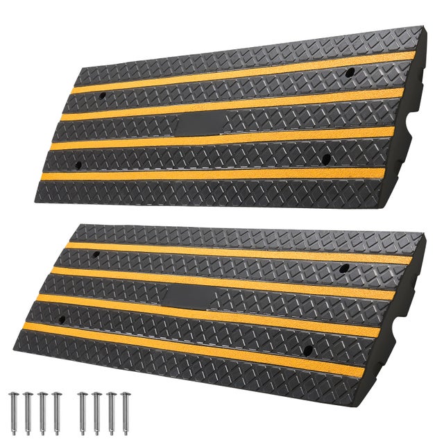 Rampe trottoir SucceBuy en caoutchouc, hauteur 65 mm, ensemble de 2 rampes antiderapantes avec bandes reflechissantes jaunes, charge 15 tonnes