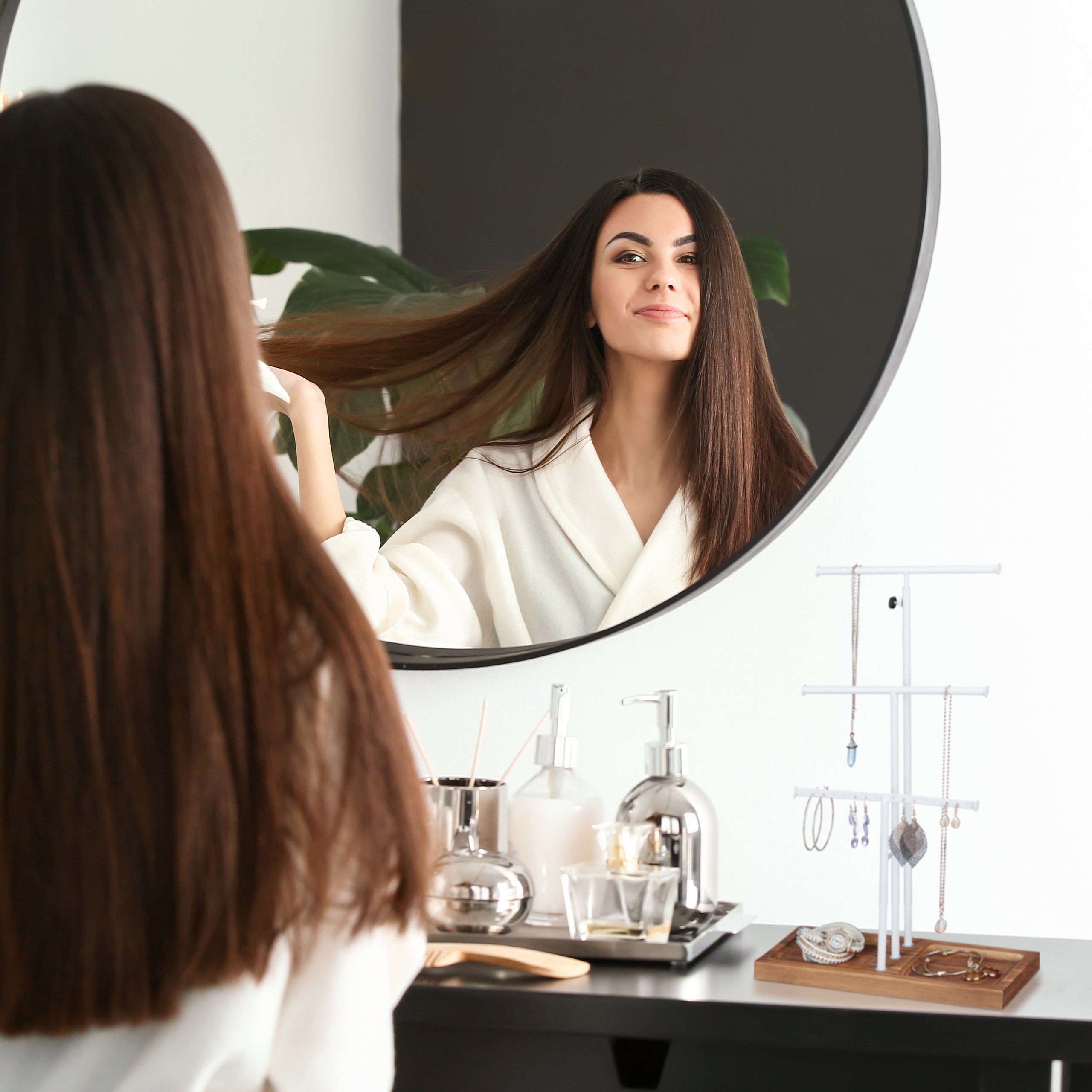 Présentoir à bijoux, 3 barres, forme de T, colliers, boucles d’oreilles & bracelets, bois & métal, blanc/brun, Relaxdays - 5