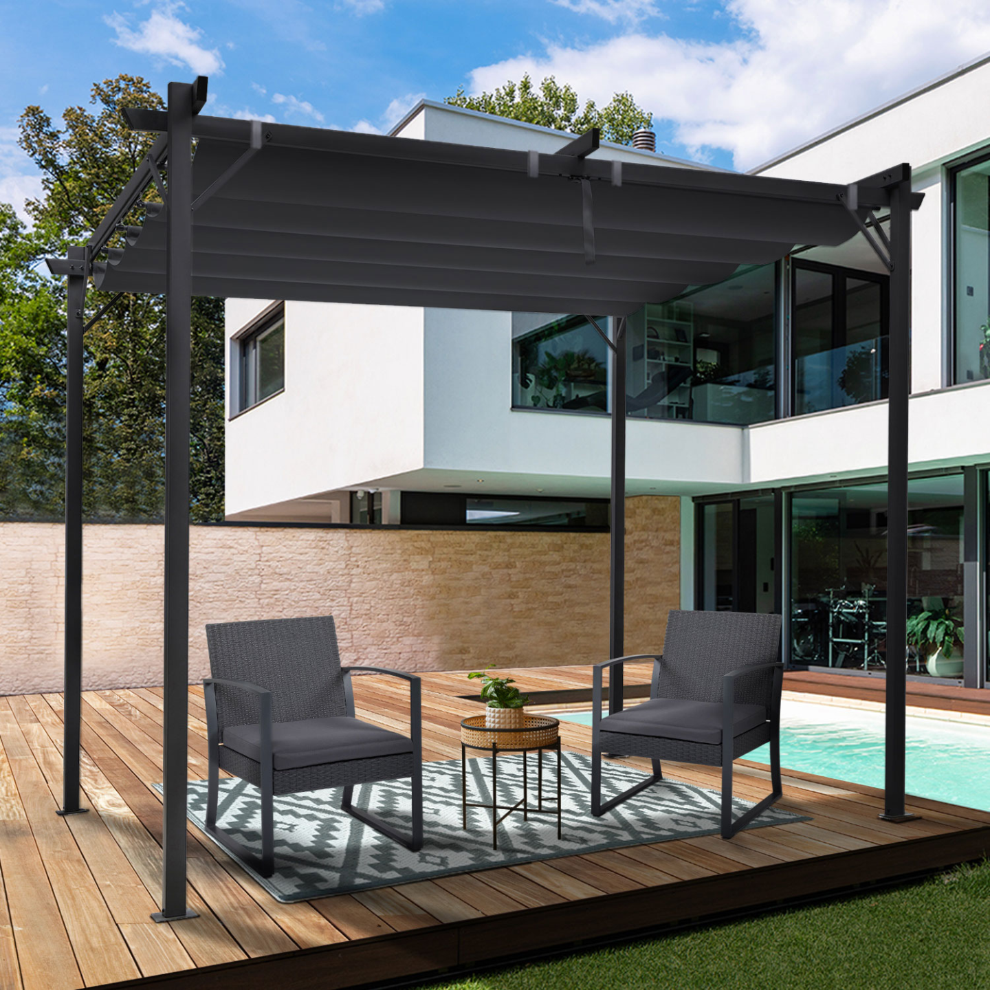 Pergola édition spéciale toit rétractable 3x3 M et 4 stores gris anthracite - 3