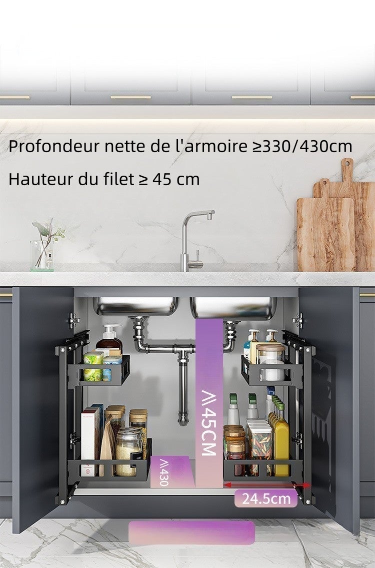 Étagère de rangement sous évier de cuisine, panier coulissant mural, rangement pour armoire et salle de bain, double couche, 30 cm - 6