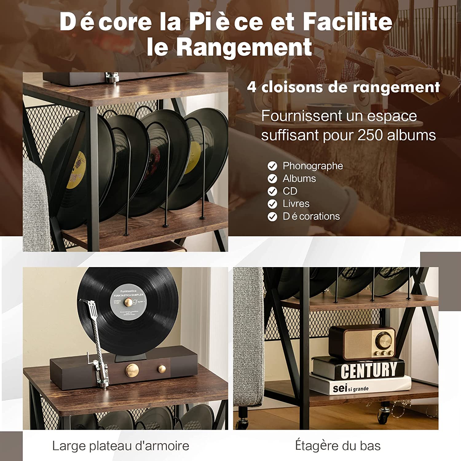 Meuble de rangement, meuble pour tourne-disque avec 5 compartiments