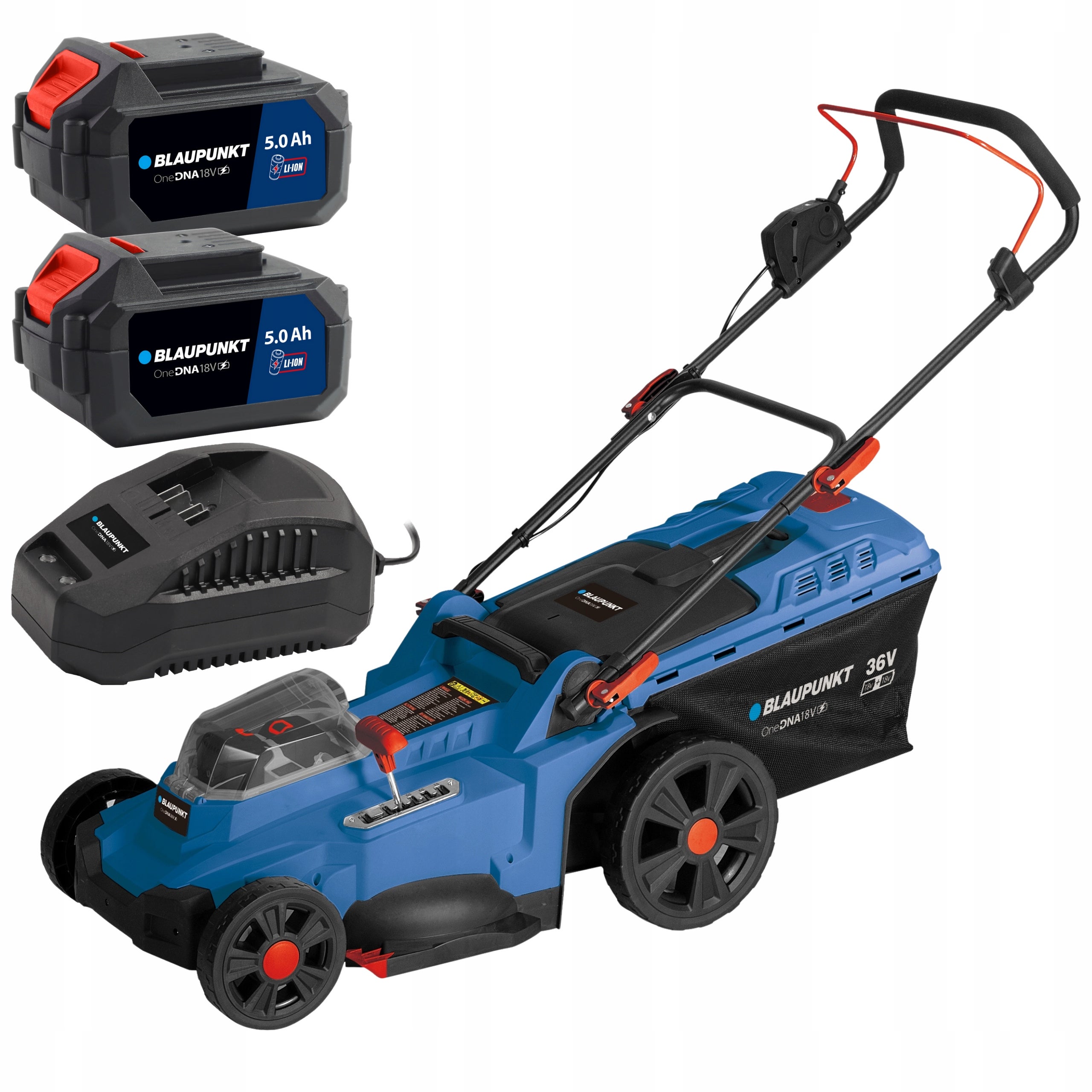 Kosiarka akumulatorowa 50L Koszenie 43 cm ZESTAW 2x Akumulator 5Ah Ładowarka Blaupunkt CL7010