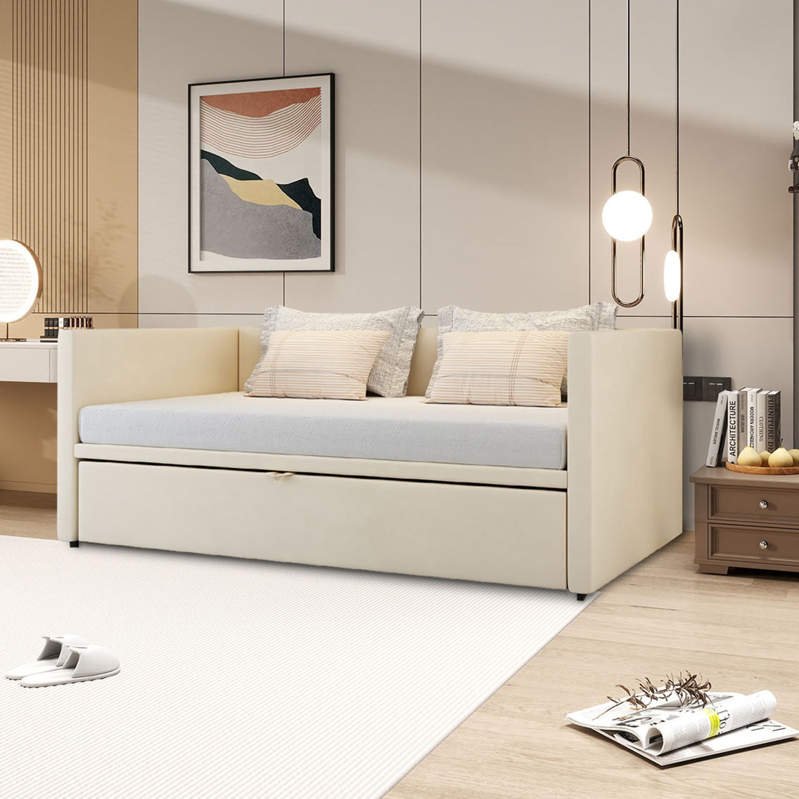 Canapé lit convertible180 x 200cm-Canapé-lit extensible rembourré pour Salon et Chambre d'Amis-Gain de place-lit 2 personnes-beige-Sans Matelas - 2