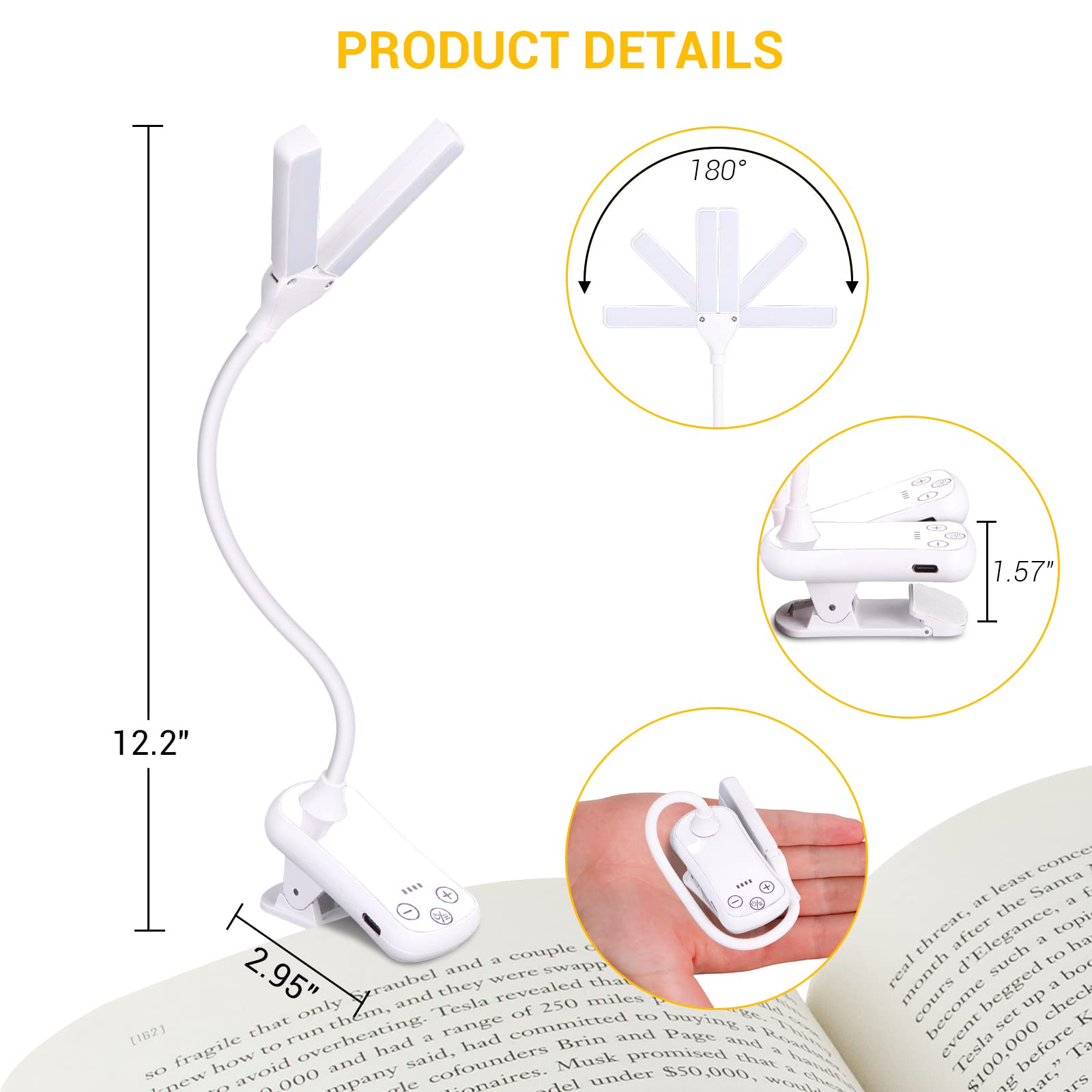 Lampe de lecture 14 LED, lampe à pince rechargeable, protection des yeux, 3 couleurs et 8 luminosité, tête réglable à 180°, portable pour lire au lit - 4