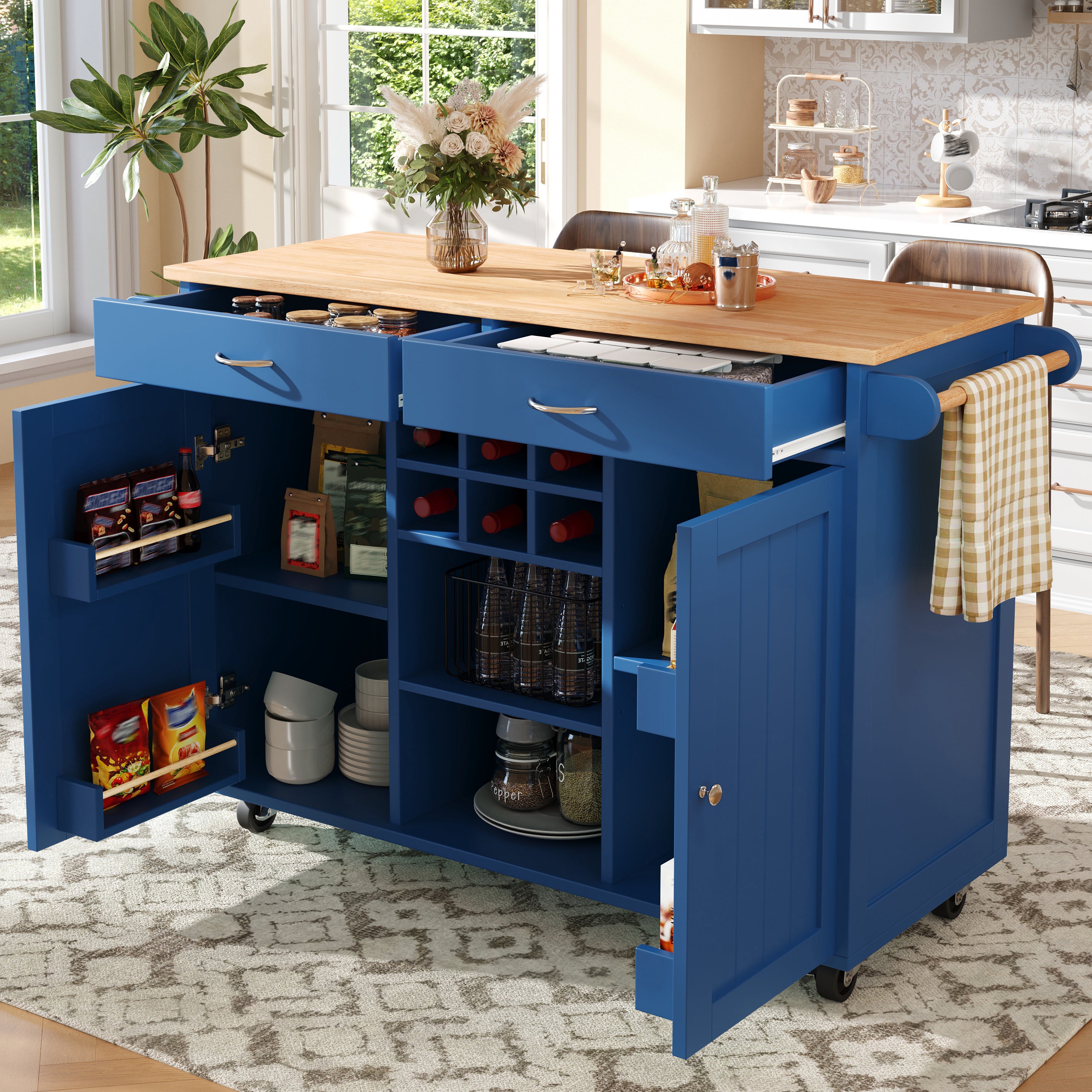 Isla de cocina moderna (102×45×92 cm), mesa de comedor multifuncional con espacio de almacenamiento, color azul.