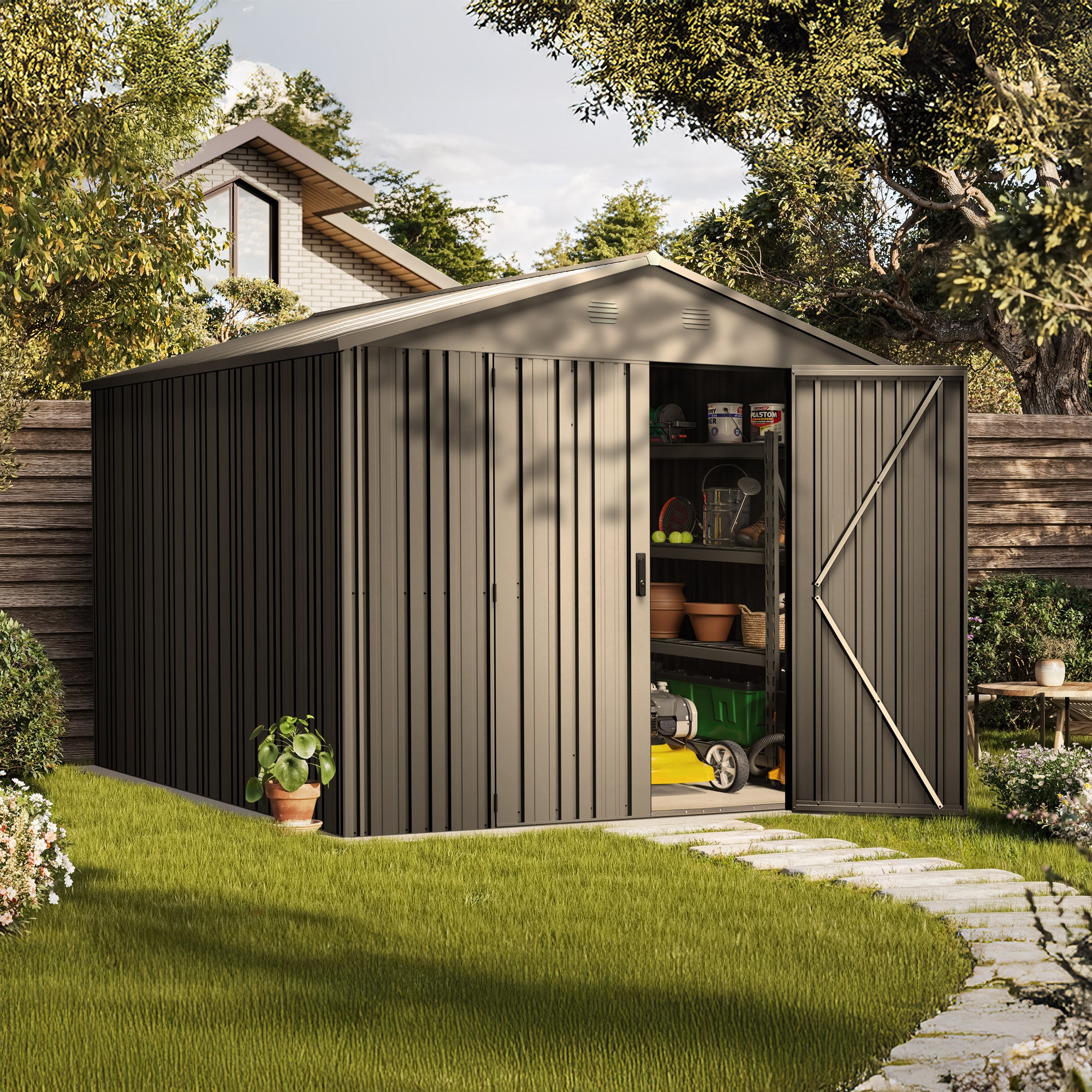 Abri de jardin métal Pioneer Y90 - Structure autoportante - Portes renforcées - Serrure avec clé incluse - Piliers en V - Cabane extérieur 7,94m2 - 2