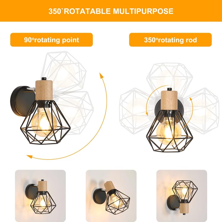 Aplique de pared industrial negro giratorio 360°, lámpara vintage E27, diseño ajustable y decorativo, estilo loft retro - 1pcs - 3