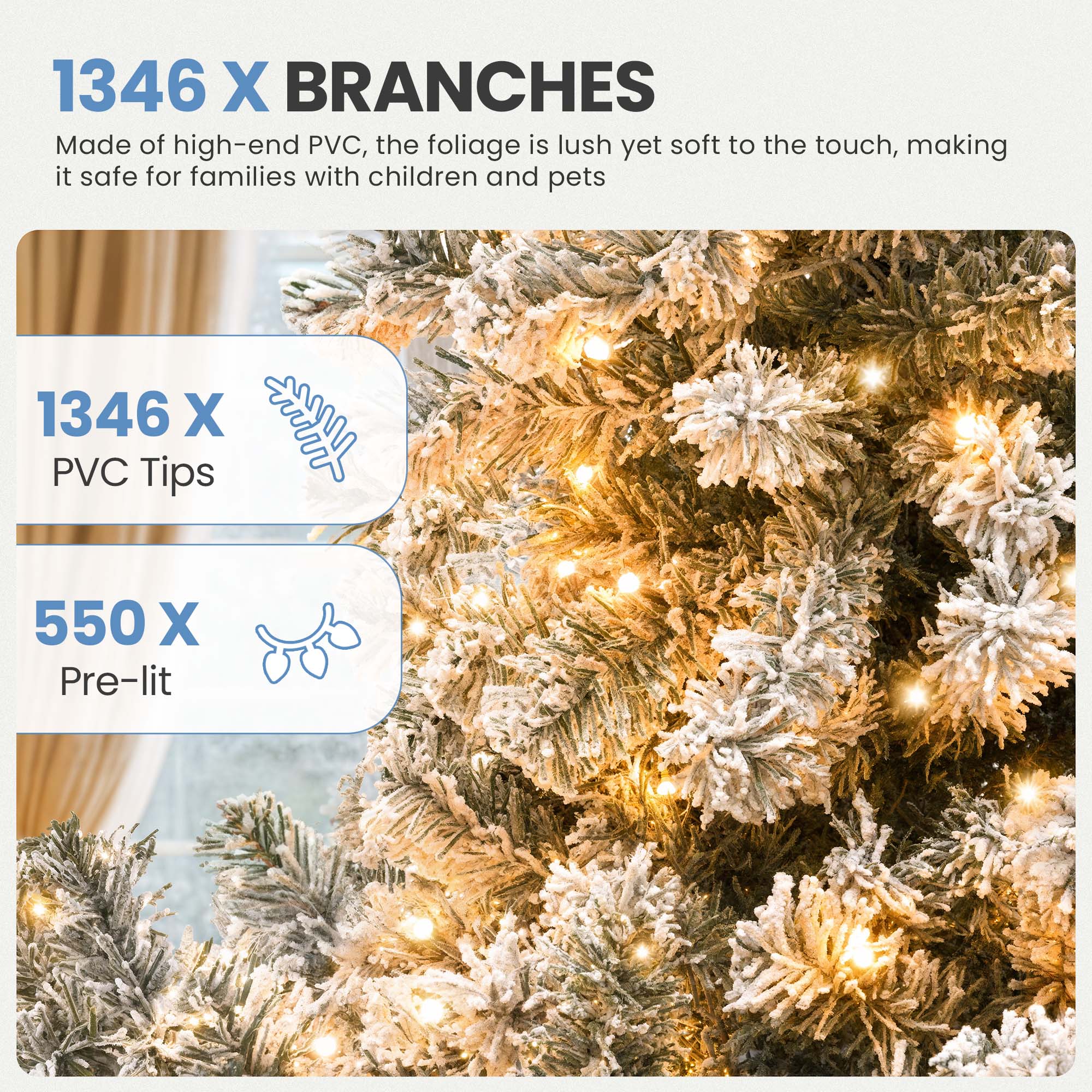Sapin de Noël Artificiel 225cm à Flocons de Neige Balconera 550 LED, 1346 Branches, avec Support en Métal Pliable, Décoration de Fête - 6