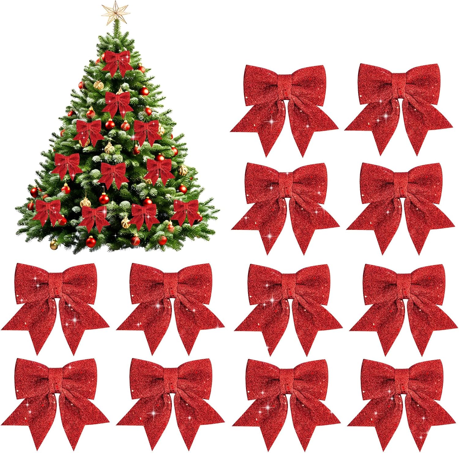 12 sztuk świątecznych kokard wstążkowych, 12x15 cm, duże kokardy wstążkowe w kształcie motyli, białe brokatowe kokardy świąteczne, kokarda choinkowa,