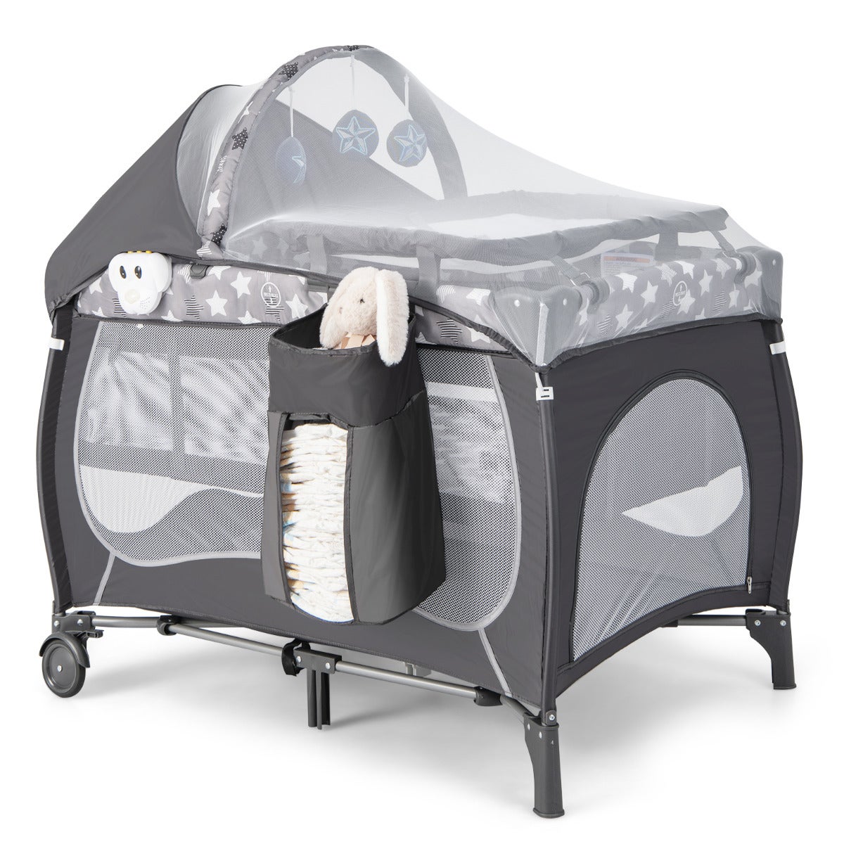 Centro infantil 5 en 1 cuna viaje plegable con moisés cambiador toldo musical y ruedas 102x72x74cm gris
