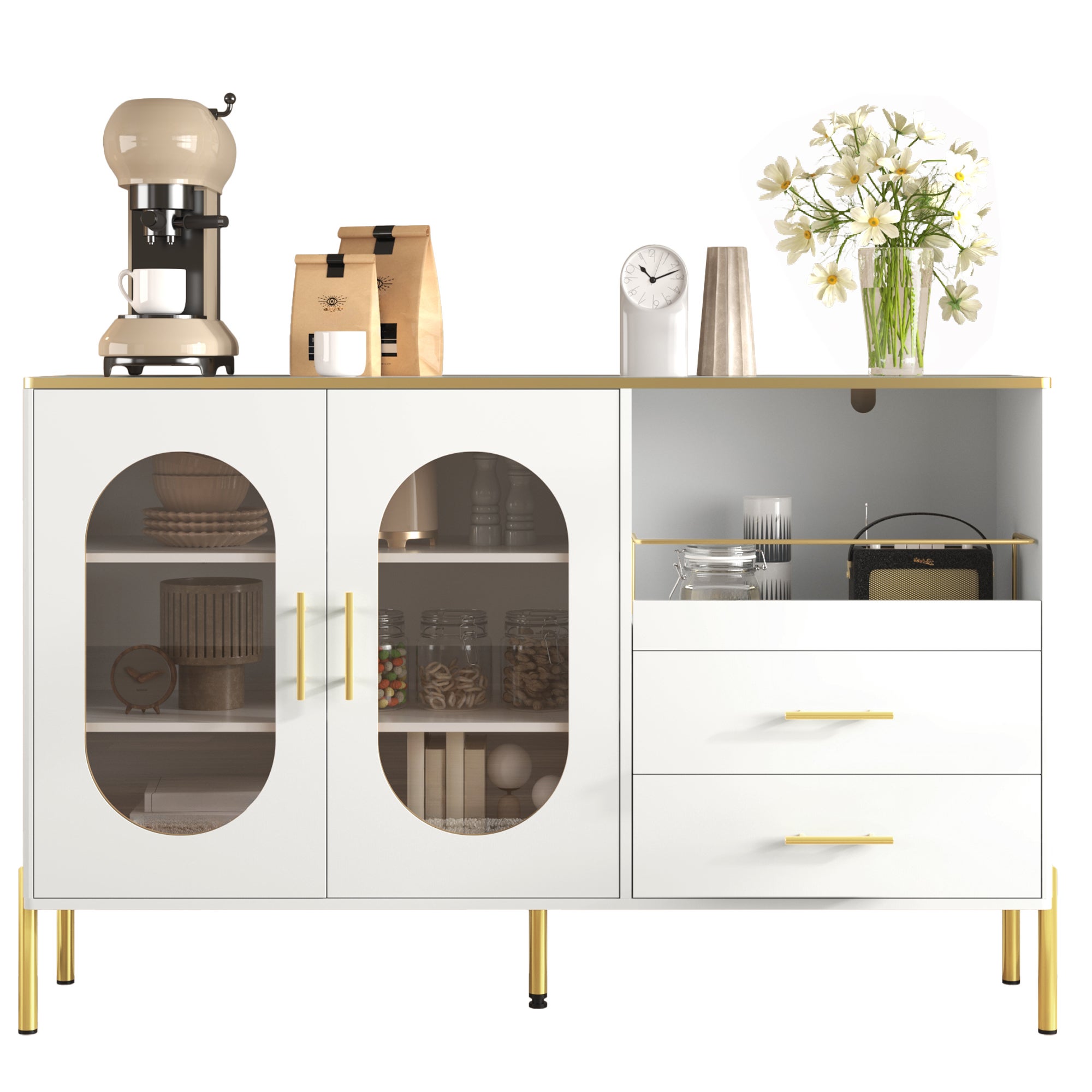 Buffet 2 Portes Design Arc Doré - Meuble Rangement Salon Cuisine Chambre Réglable Noir 80x40x78cm