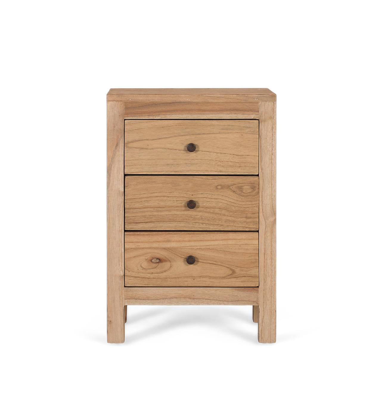 Table de chevet en bois de mindi masyw z 3 tiroirami