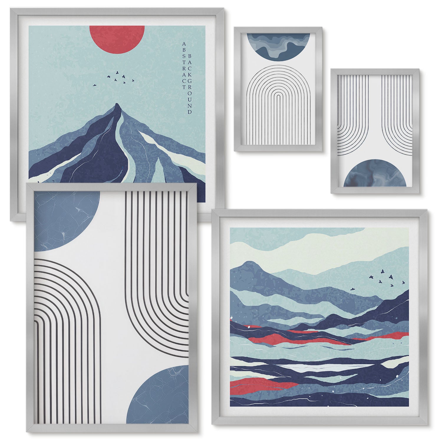 Ensemble de 5 tableaux encadrés | Paysages abstraits aux formes et ...