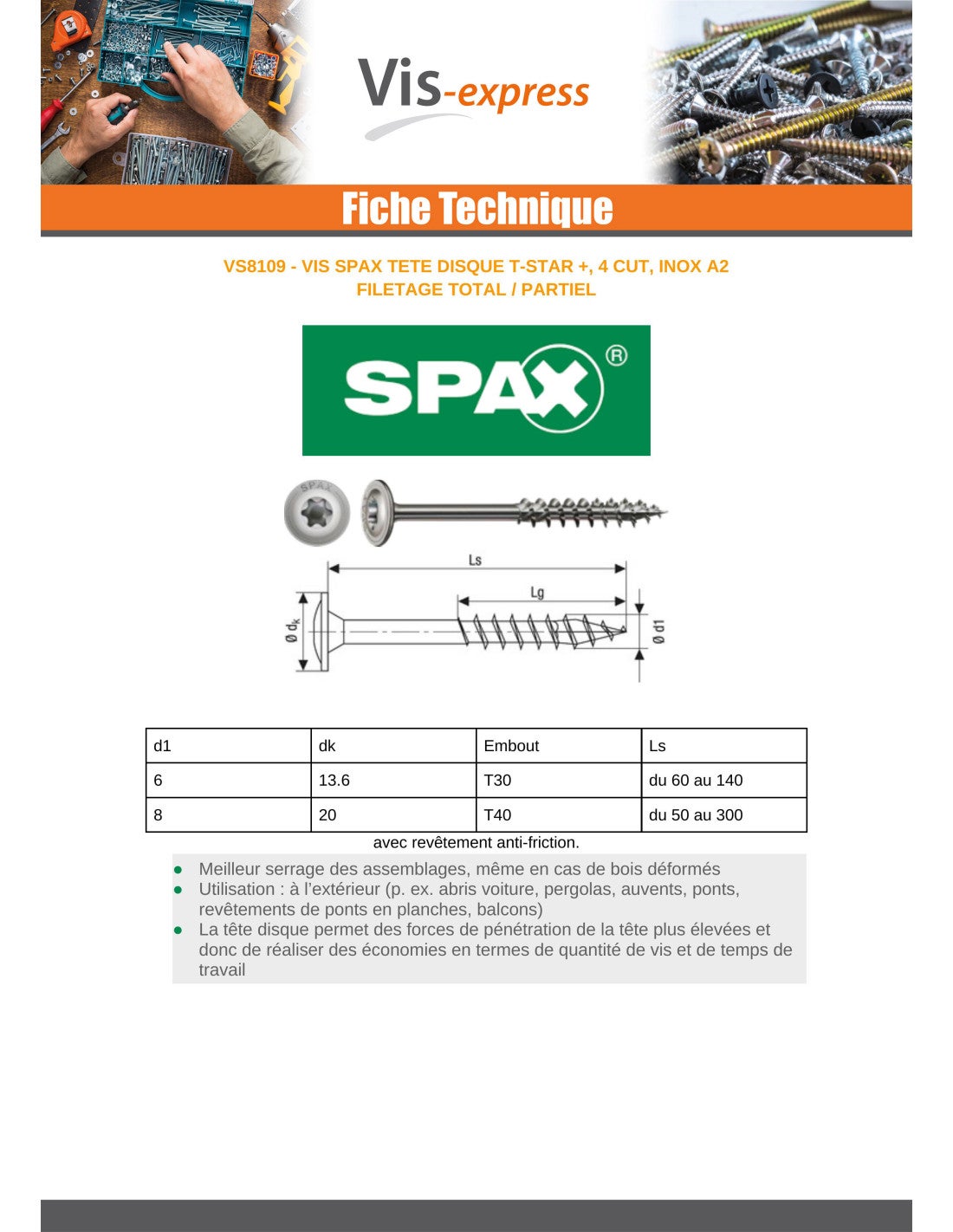 SPAX 0257000800805 R 88193 m.Spitze/T-STAR TG Vis à bois 8 mm 80 mm T-STAR plus acier inoxydable A2 50 pc(s) - 5