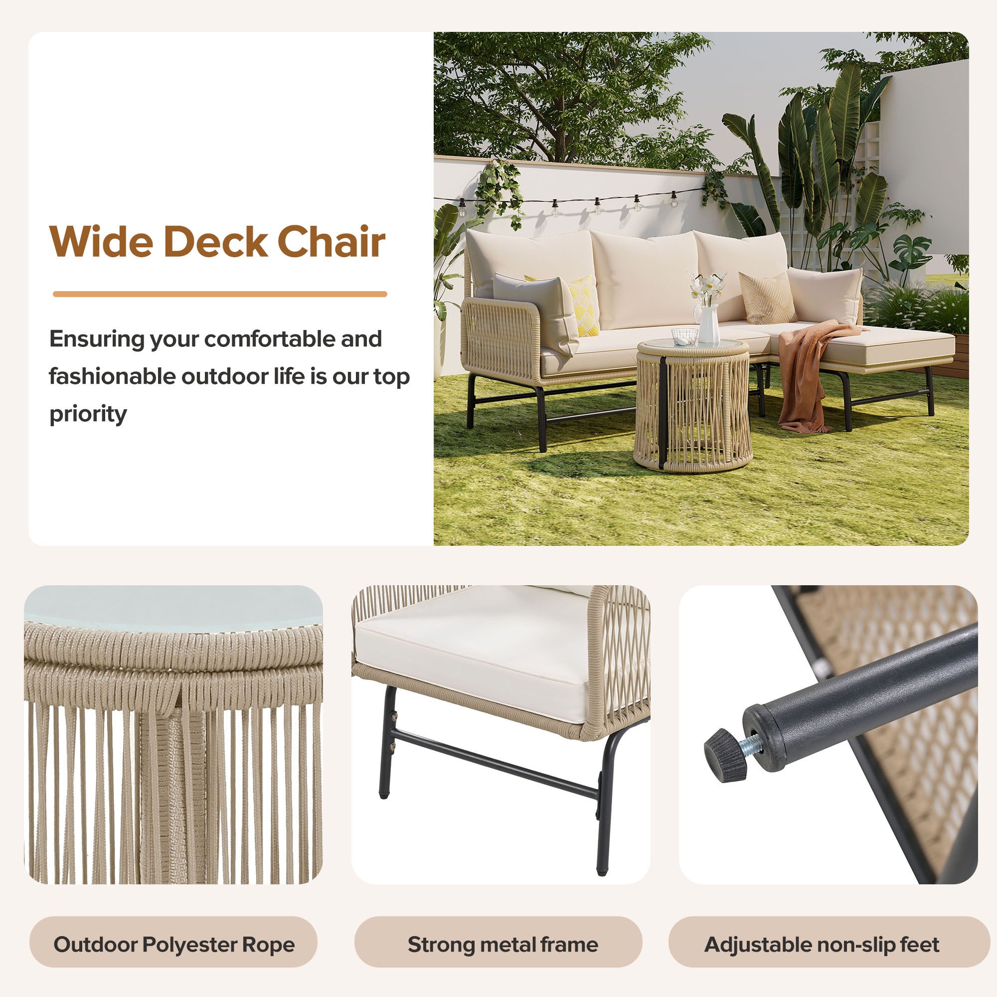 Ensemble Lounge de Jardin 6 Pièces, Canapés d'Extérieur en Fer et Corde Tressée Beige, 2 Fauteuils, 2 Canapés 2 Places, 2 Tables, Coussins Inclus - 4