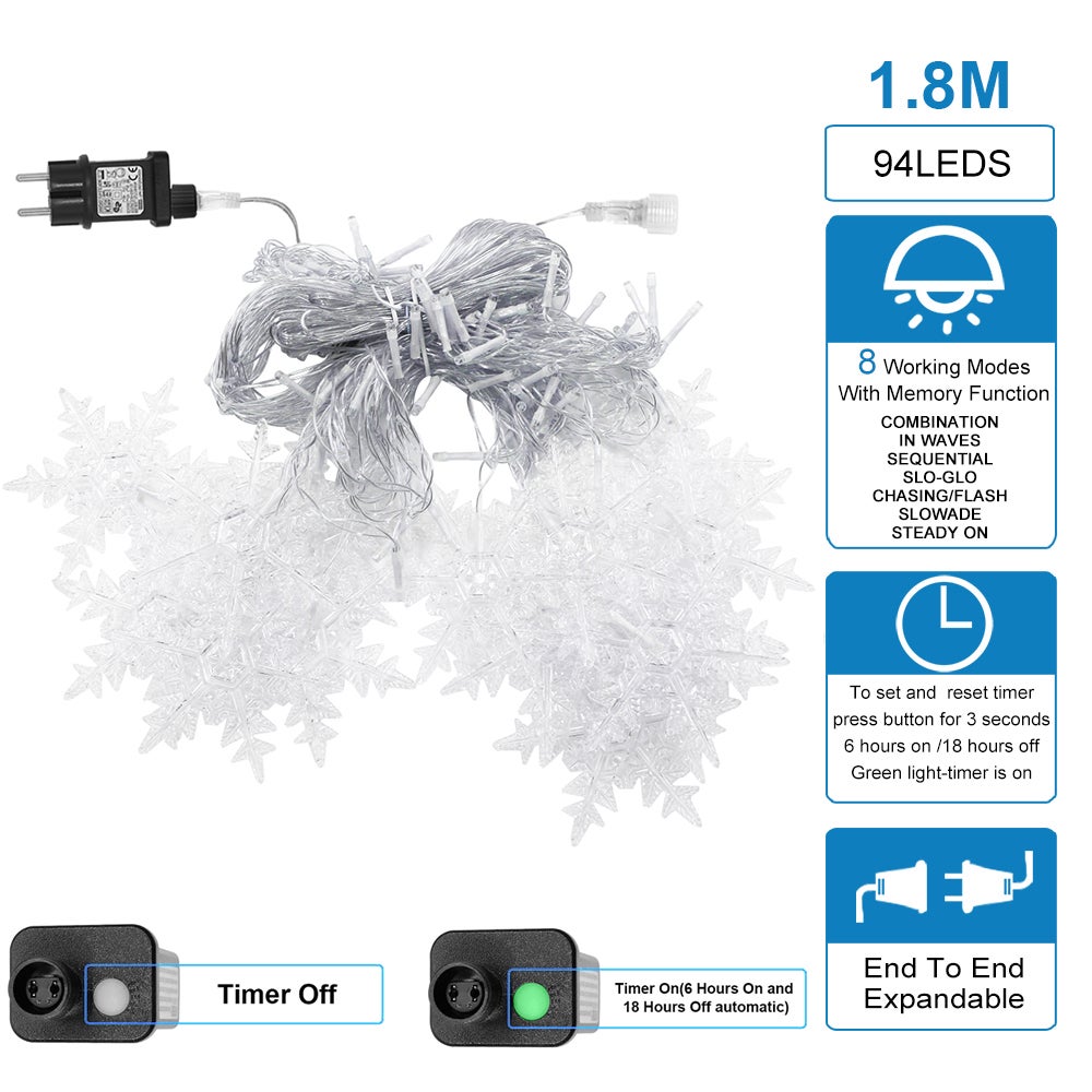 Guirmalda LED Copos de Nieve 8 Modos Impermeable con Temporizador, Decoración Navideña en Ventanas, Bodas y Jardines(Blanco, Dos piezas) - 6