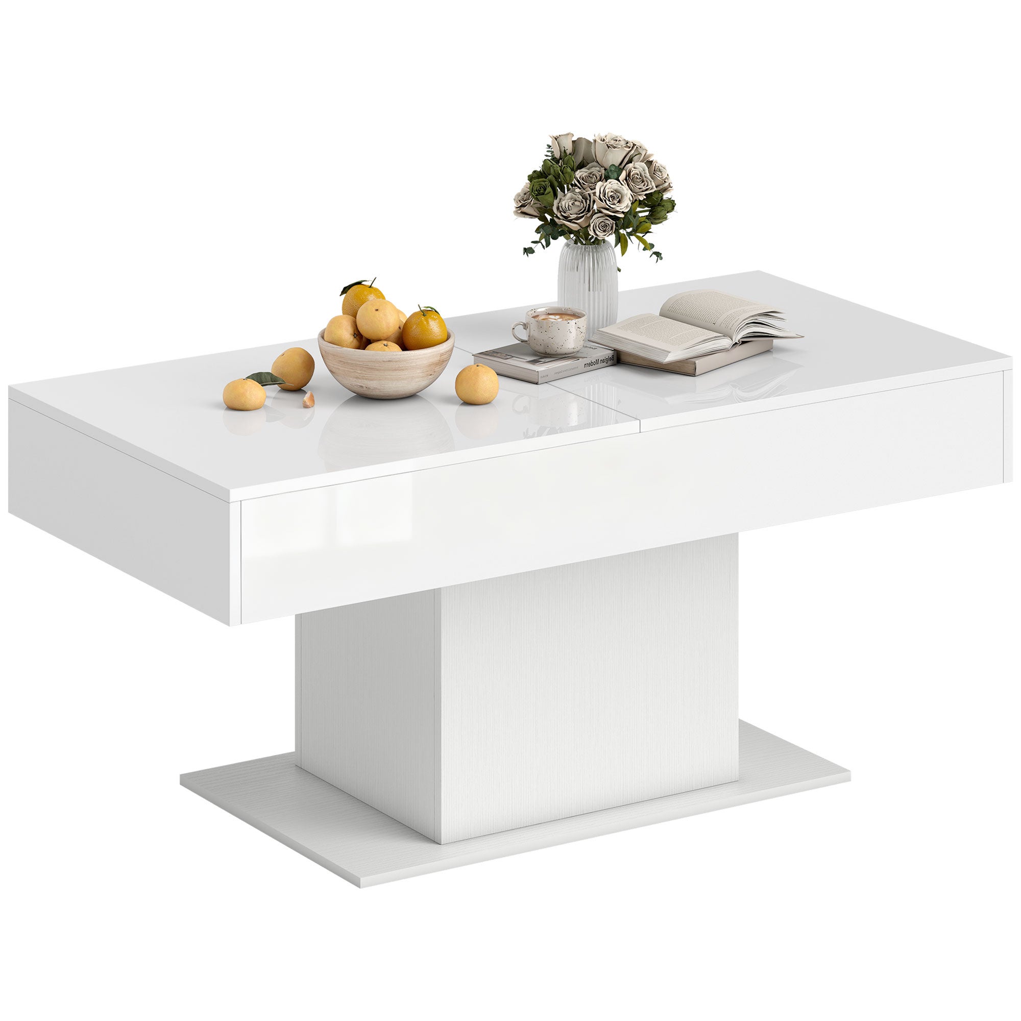 Table basse extensible avec espace de rangement moderne, blanc brillant ...