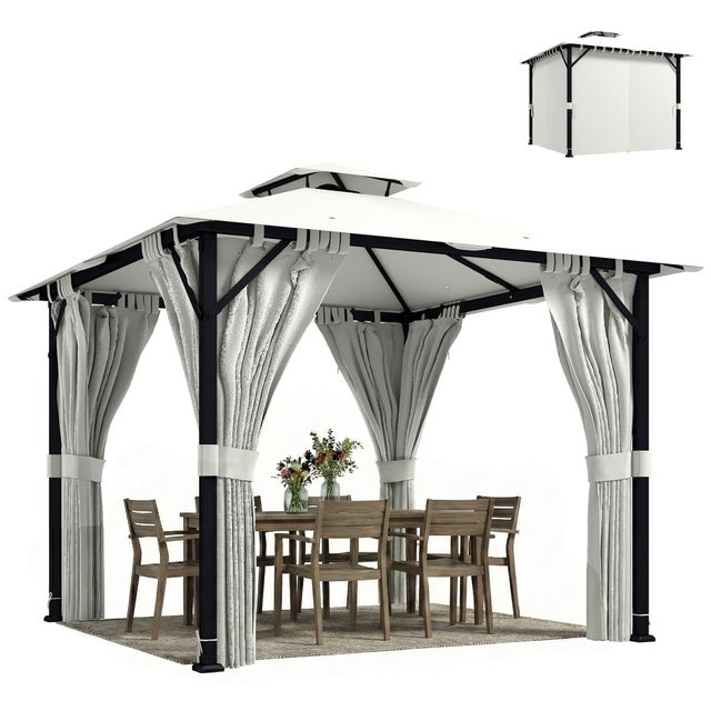 Gazebo da giardino per esterni 3x3 m, padiglione da giardino, doppio tetto, tende, ganci a soffitto, struttura in metallo, colore crema