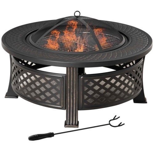 Brasero rond 81x81x50 cm en acier noir, 2-en-1 foyer extérieur et barbecue avec couvercle pare-étincelles et tisonnier - 2