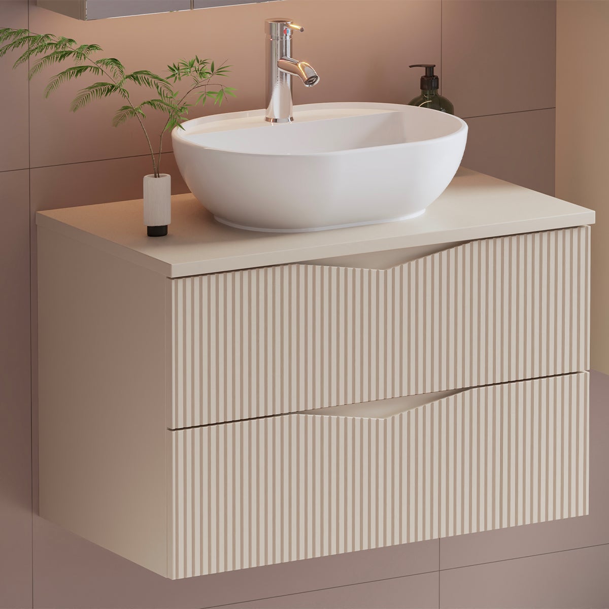 Szafka łazienkowa CLEO 80 cm beżowa wisząca ryflowane fronty MDF bez blatu - 4