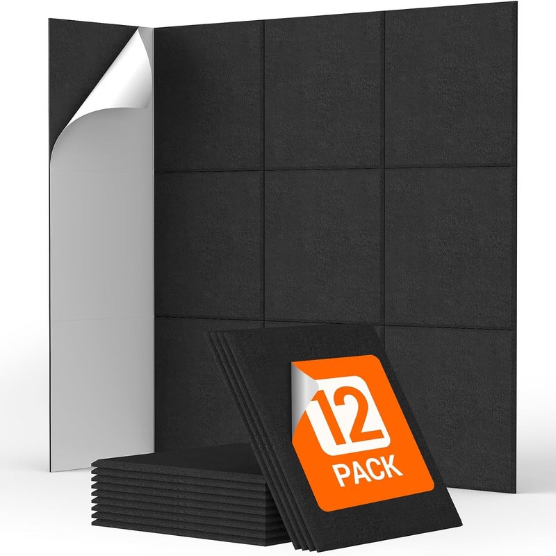 Panele akustyczne ścienne, samoprzylepne panele akustyczne do biur, sypialni, salonów, czarne, 12 sztuk, 30 x 30 x 0,9 cm