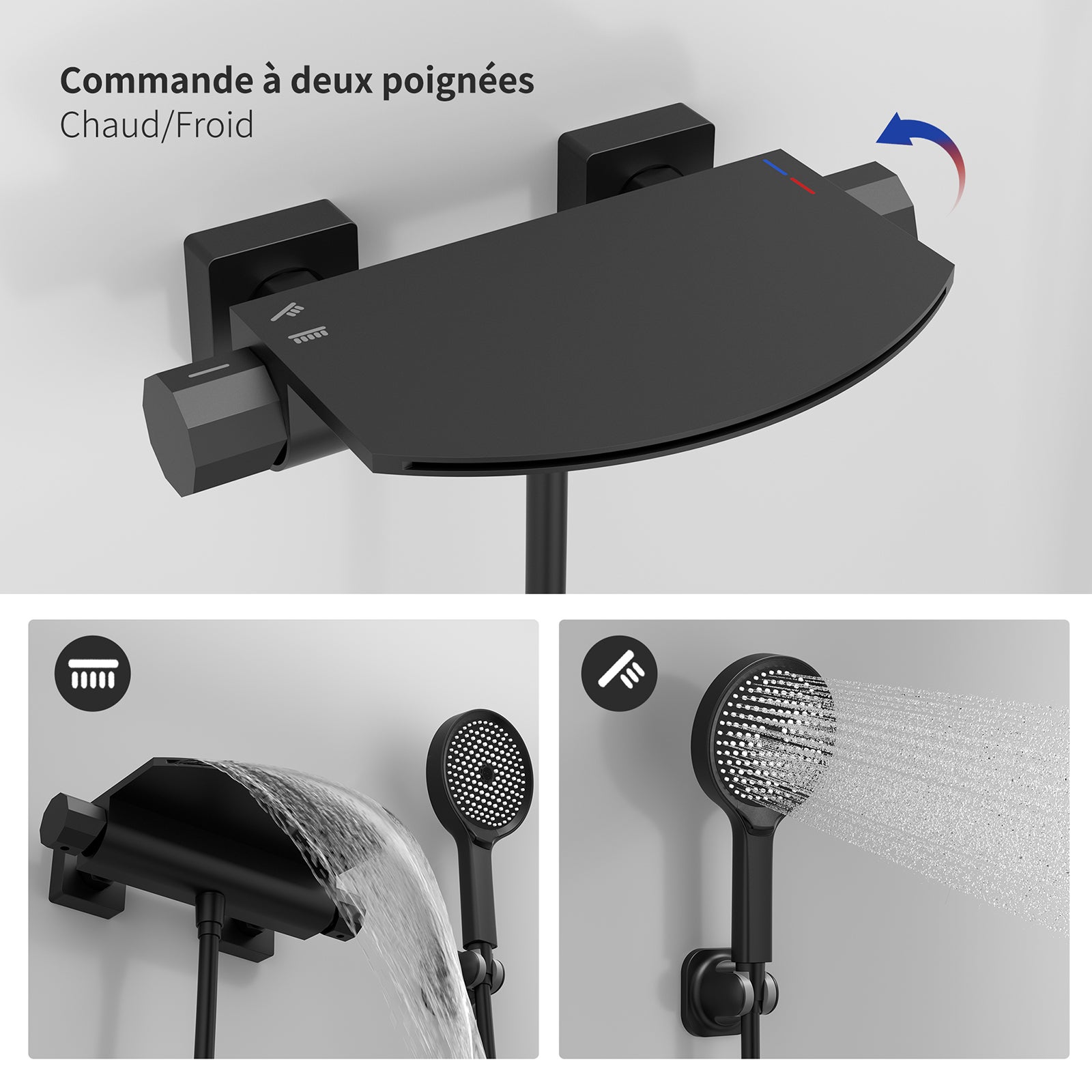 Mitigeur de Baignoire Cascade Extra-Large en Laiton avec Douchette 3+1 Modes et Étagère, Robinet Mural Noir Grand Débit - 2