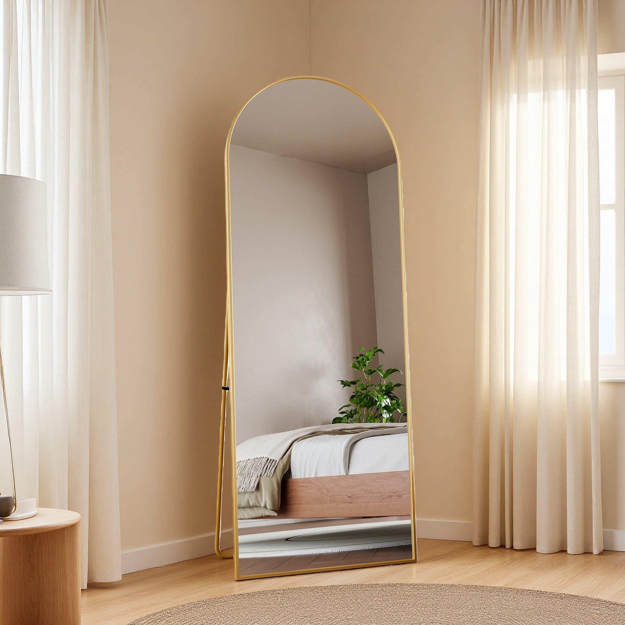 Miroir sur pied 162x53 cm, Miroir mural, Cadre en alliage d'aluminium, Verre trempé, au sol ou suspendu, pour salon, chambre ou dressing, Doré - 2
