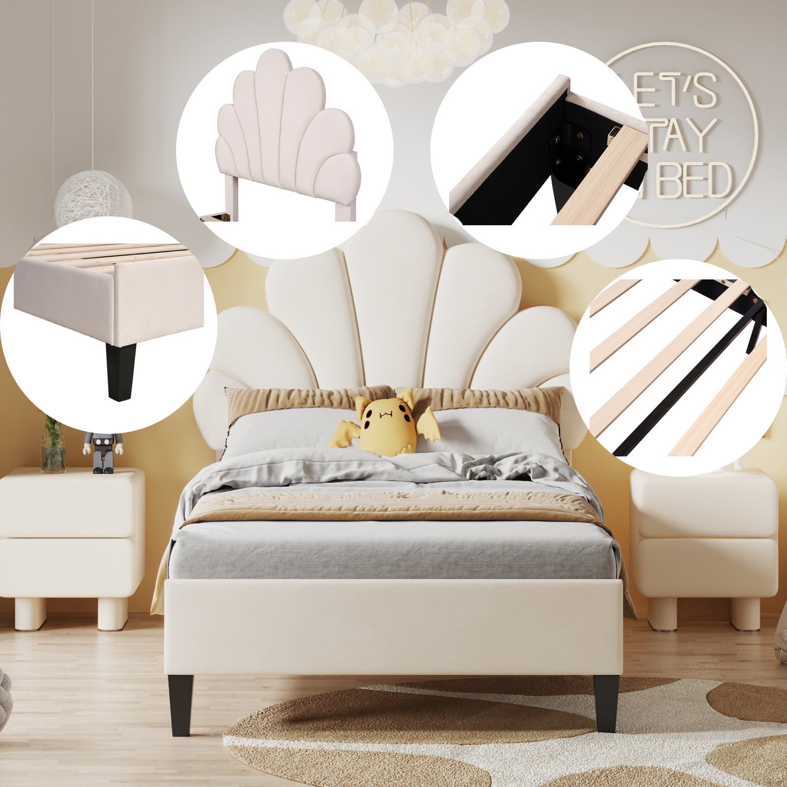 Lit enfant 90x200 cm avec sommier à lattes, structure de lit 1 place avec tête de lit en forme de fleur, 90x200 cm, beige - 5
