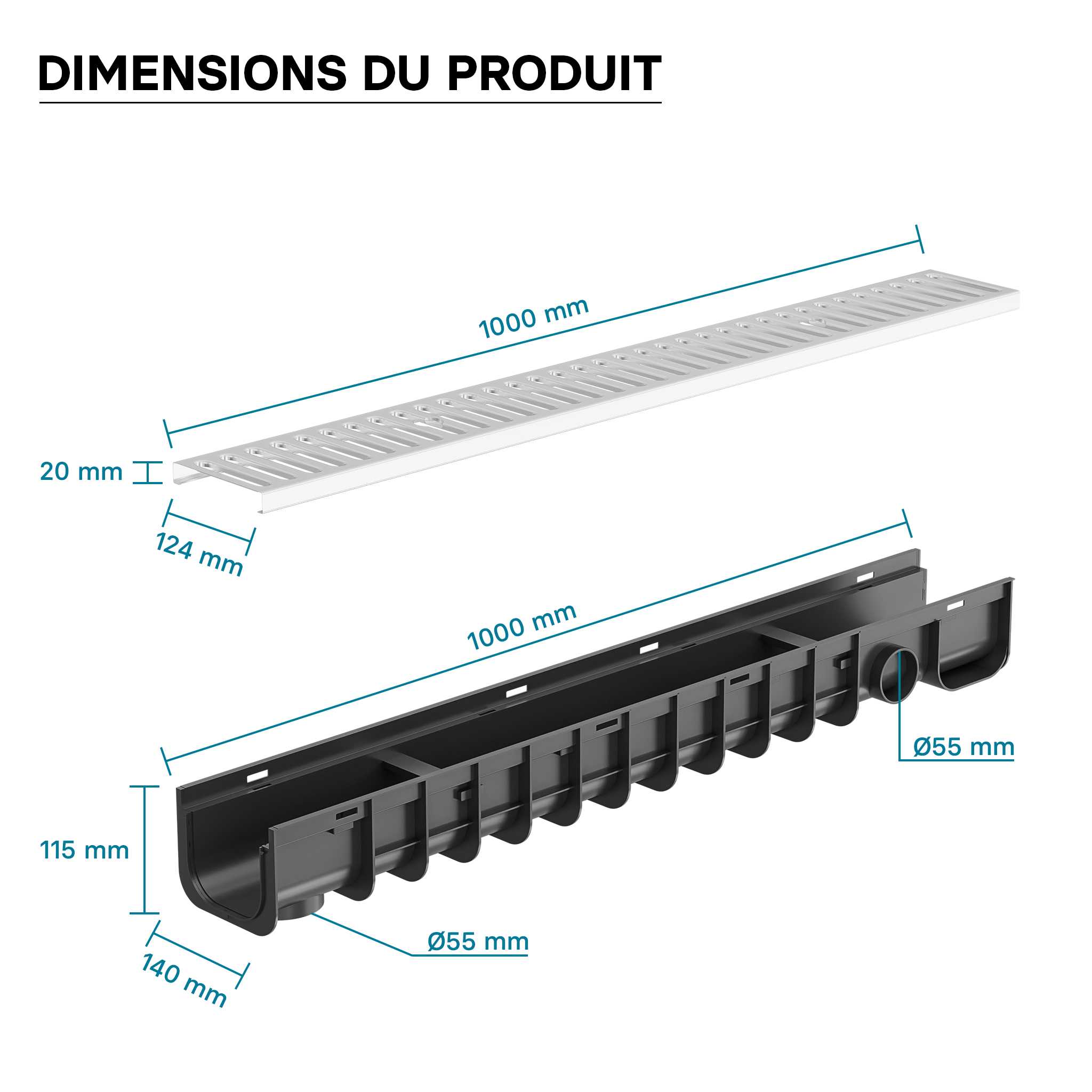 Caniveau – 1000 x 140 x 115 mm – Capacité de charge 1,5 t – avec Grille de recouvrement galvanisée – Drainage Eaux usées Rigole Évacuation… Wiltec - 7
