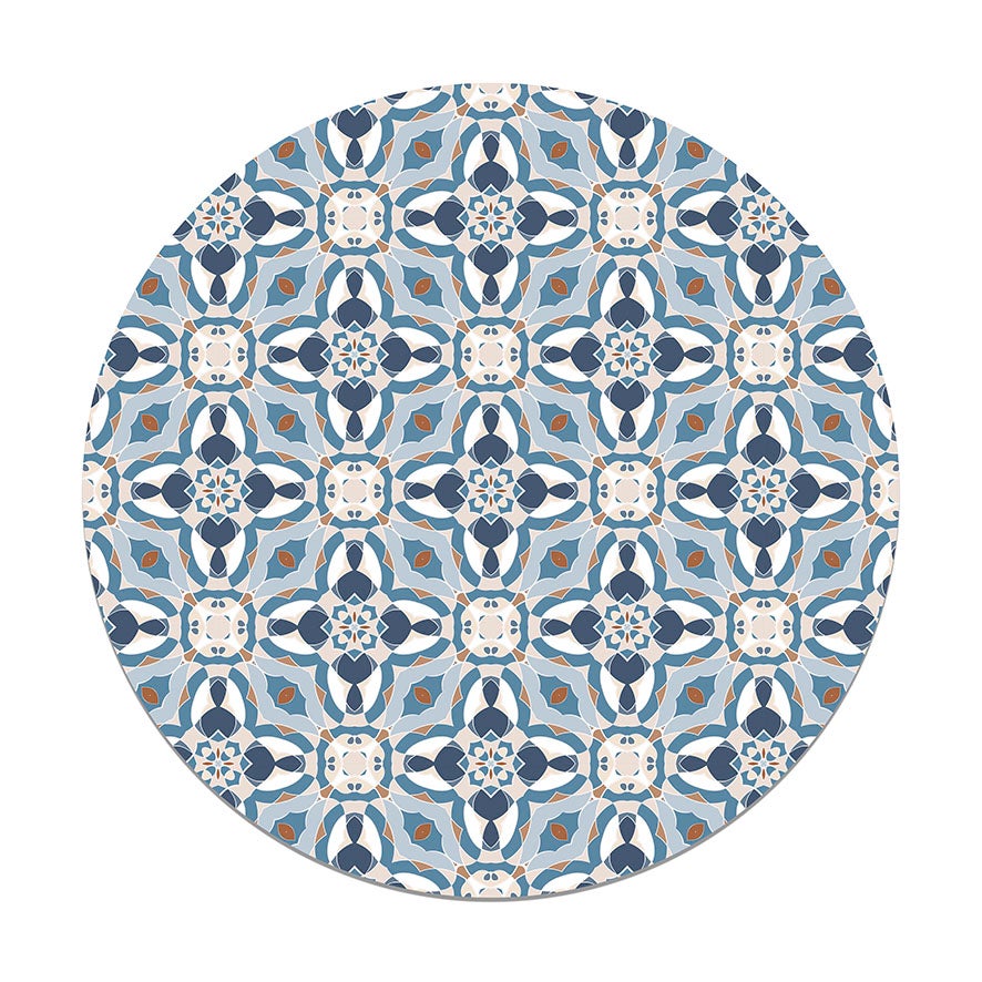 Panorama alfombra vinílica redonda baldosín oriental caleidoscopio azul 150x150 cm - alfombra cocina vinilo - alfombra salón antideslizante
