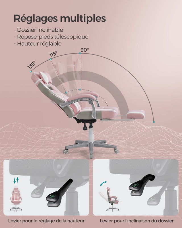 Fauteuil de Bureau, Réglable, Repose-pieds Télescopique, Mécanisme à Bascule, Appui-tête, Rose Bonbon et Blanc Crème - 3