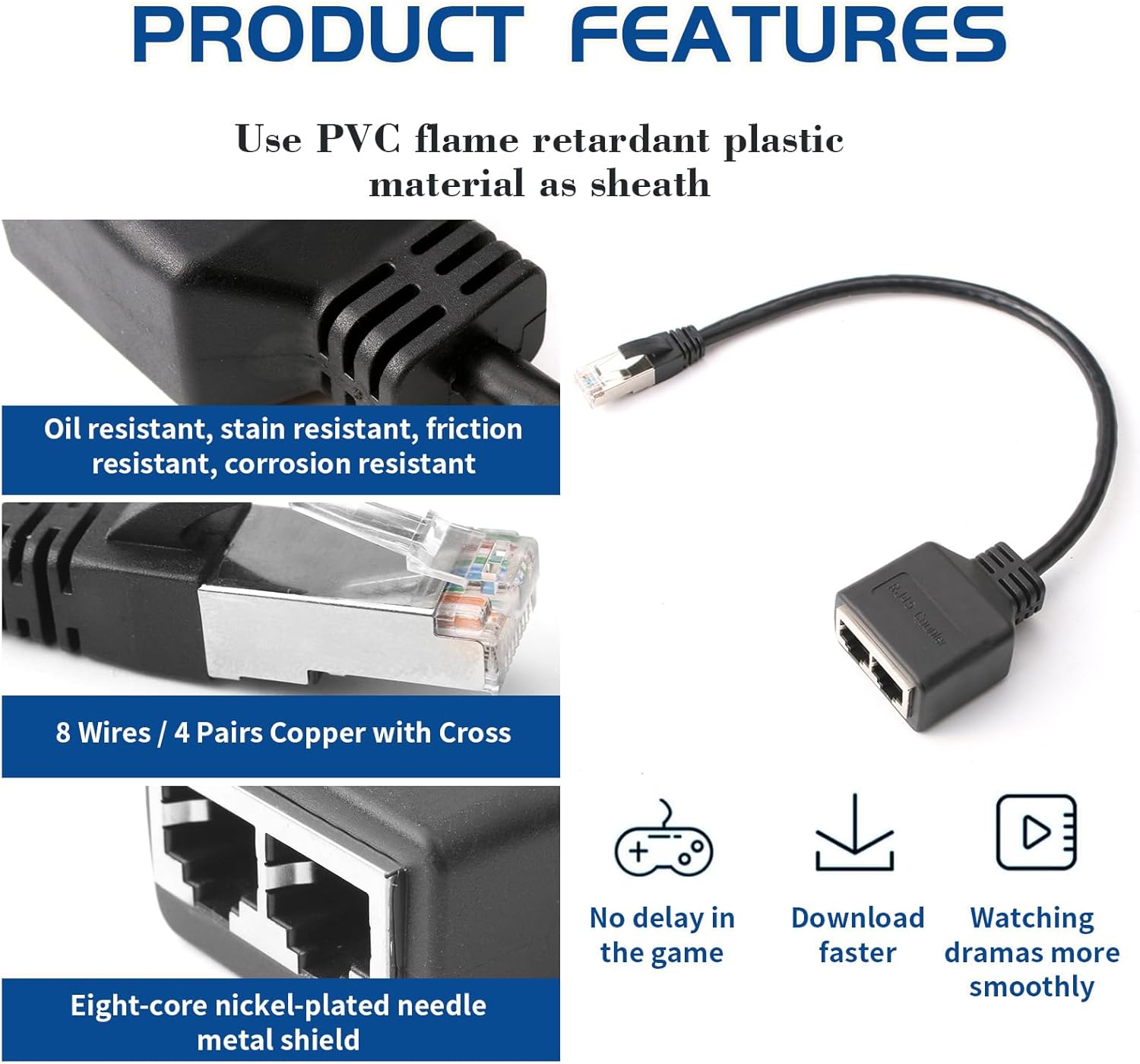 Noir，Répartiteur RJ45, Repartiteur Cable Ethernet, 1 Mâle vers 2 Femelles Adaptateur Multiprise Ethernet, Doubleur Splitter RJ45 pour Cat5 Cat5e Cat6 - 3