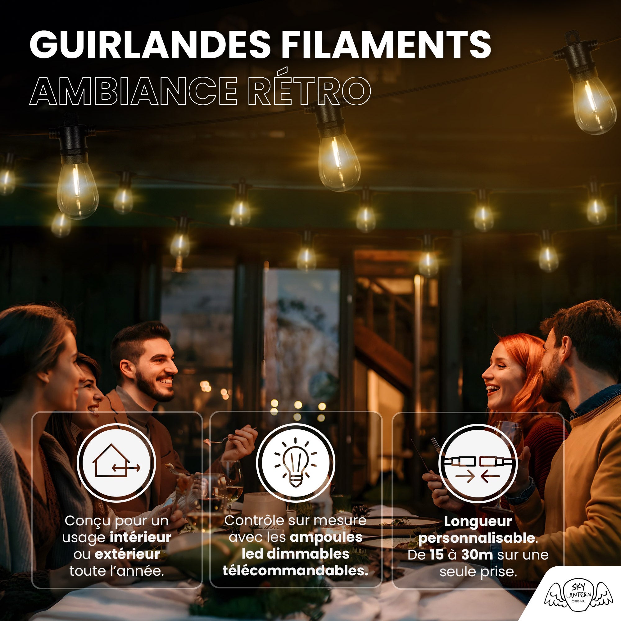 Guirlande Guinguette IP65 LED 15M 15 Bulbes Filament Allongé Dimmables Avec Télécommande SKYLANTERN - 2