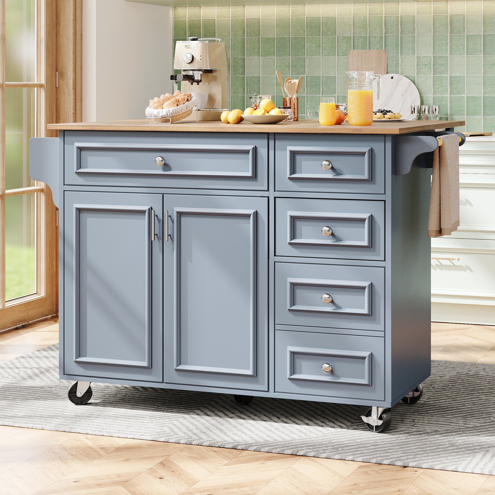 Carrito isla de cocina 110 cm, tablero abatible, almacenaje compacto, azul bebé