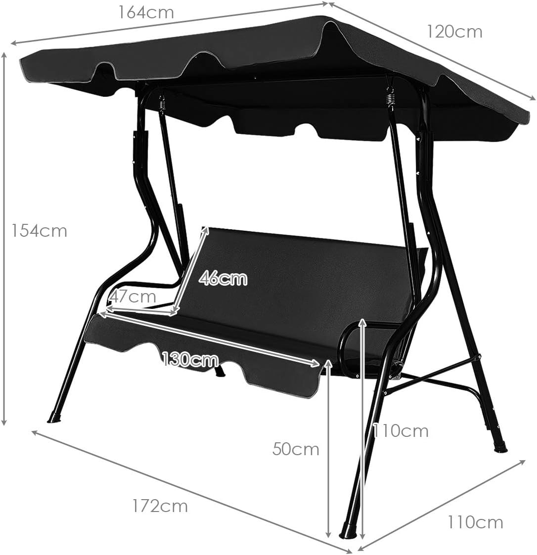 Baloiço de jardim de 3 lugares com teto impermeável 170 x 110 x 153 cm (preto) - 3