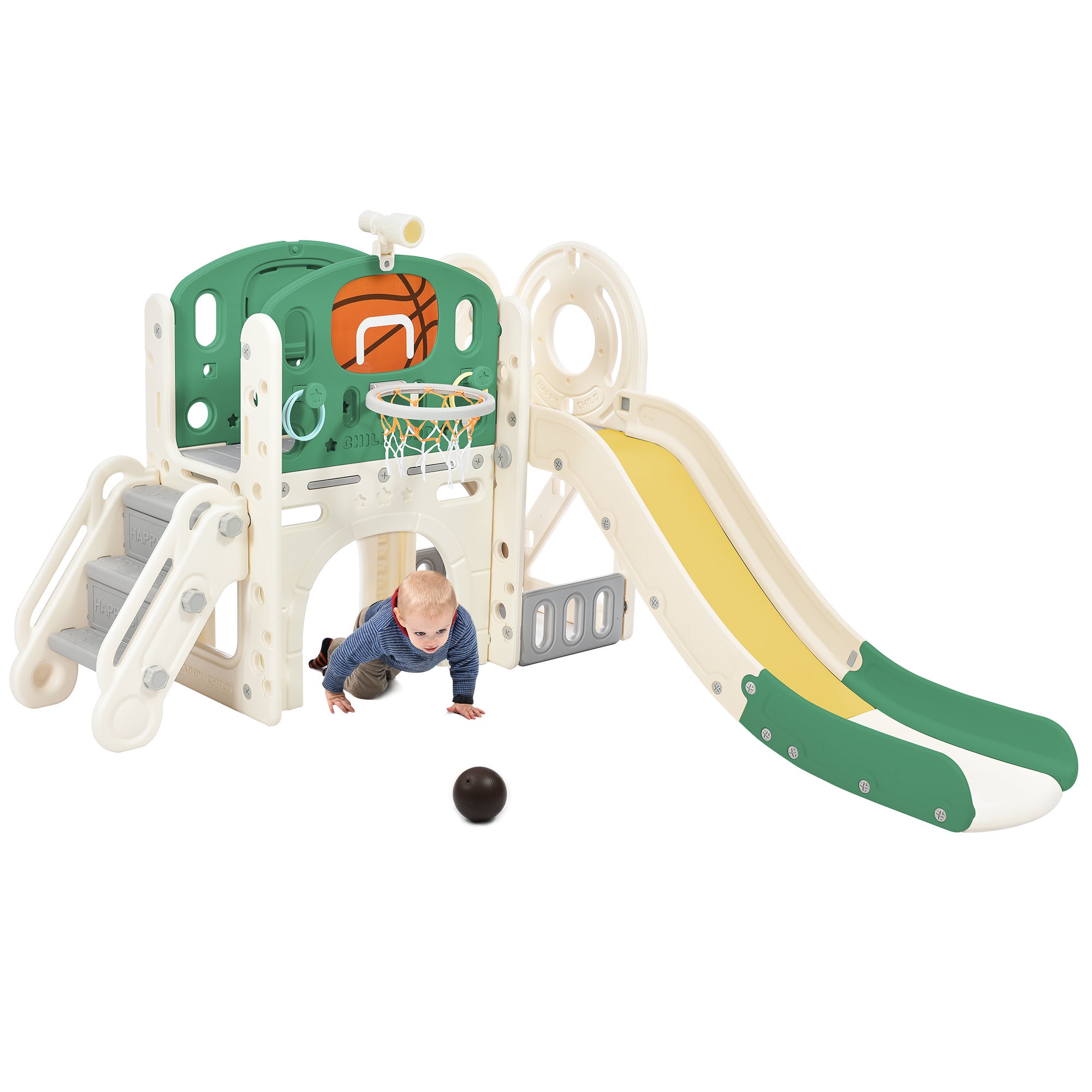 Toboggan pour enfants avec bacs de rangement, échelle d'escalier, panier de basket et espace tunnel, vert - 9