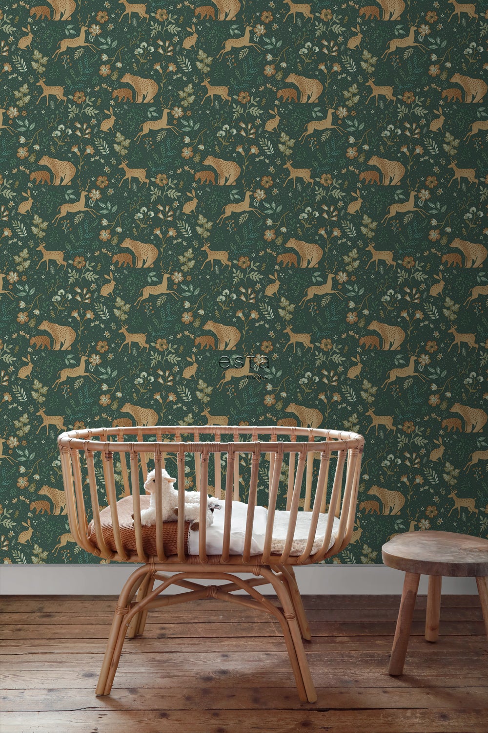 Papier peint forêt avec des animaux de la forêt vert foncé et beige - 53 cm x 10.05 m - ESTAhome - 3
