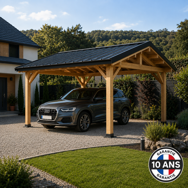 Carport Bois Douglas Français 12 m² – 2 pentes – 4 poteaux – Abri voiture extérieur – Garantie 10 ans